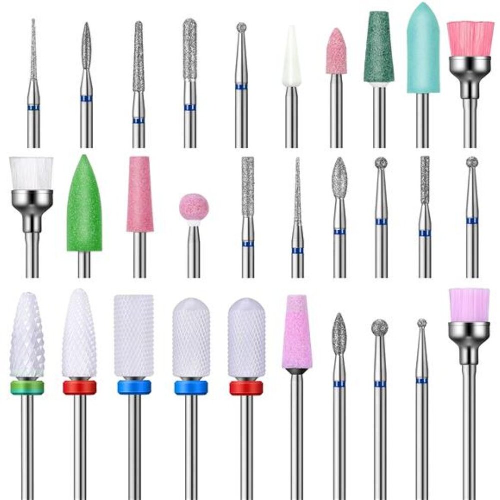 30 Pieces Nail Drill Bits Set Kit with Box, 3/32 Ceramic File Nail Drill Bits